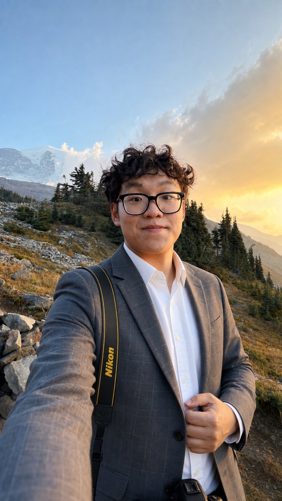 Shane Wan wearing a gray plaid suit with a Nikon camera strap at Mount Rainier
